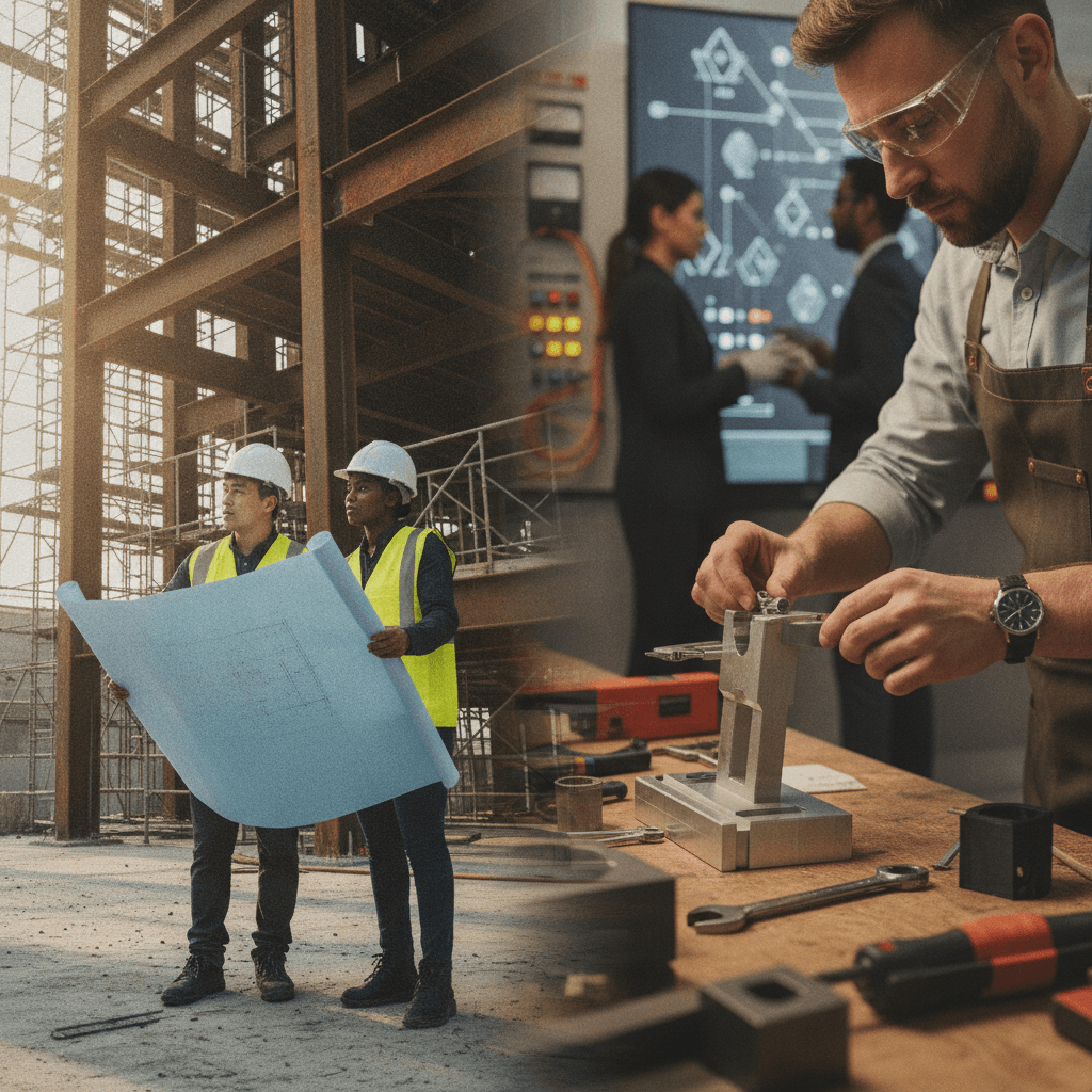Engenheiros de várias especialidades trabalhando: civil com plantas no canteiro, mecânico em oficina, elétrico no painel e tech na estação de projetos.'