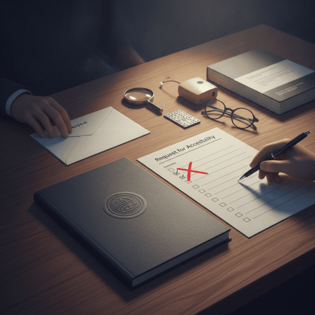 Ilustração editorial close-up de documentos de prova e formulário de atendimento especializado com um X vermelho indicando indeferimento, mãos preparando recurso e itens de acessibilidade.