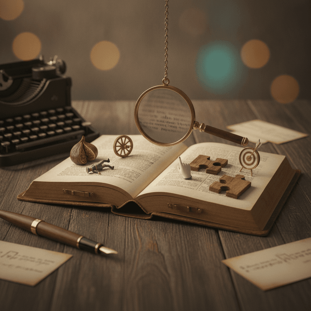 Livro aberto com minidioramas que representam a distinção entre mal/mau e a fim/afim, com lupa e peças de quebra‑cabeça.