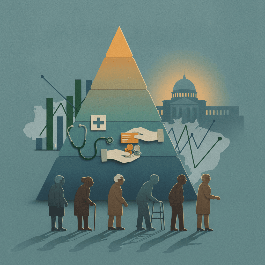 Ilustração editorial da pirâmide etária invertida com silhuetas de idosos, mãos trocando moedas, estetoscópio e edifício público sobre o mapa do Brasil.