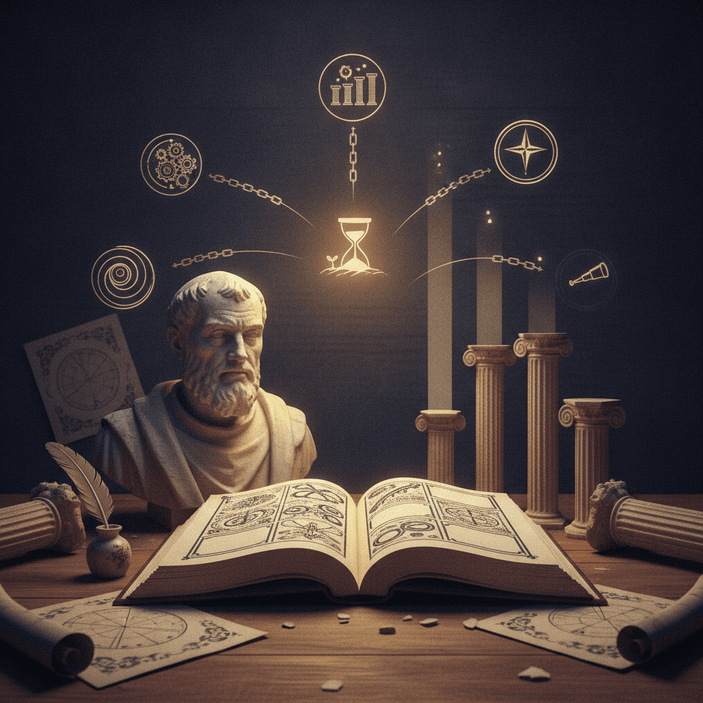 Ilustração editorial do busto de Tomás de Aquino, um manuscrito aberto e cinco caminhos simbólicos representando as Cinco Vias.
