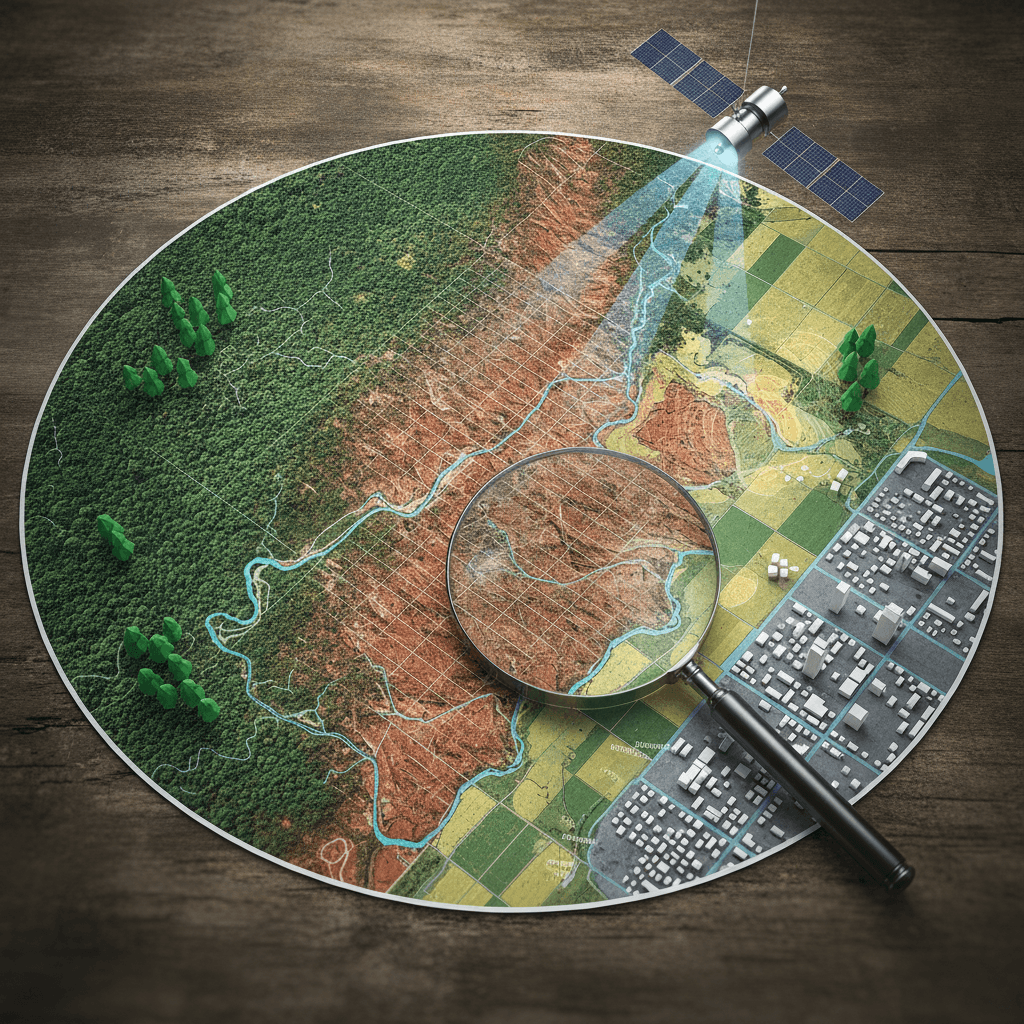 Ilustração editorial mostrando imagem de satélite com floresta, áreas desmatadas e expansão urbana, lupa destacando a linha de desmatamento.