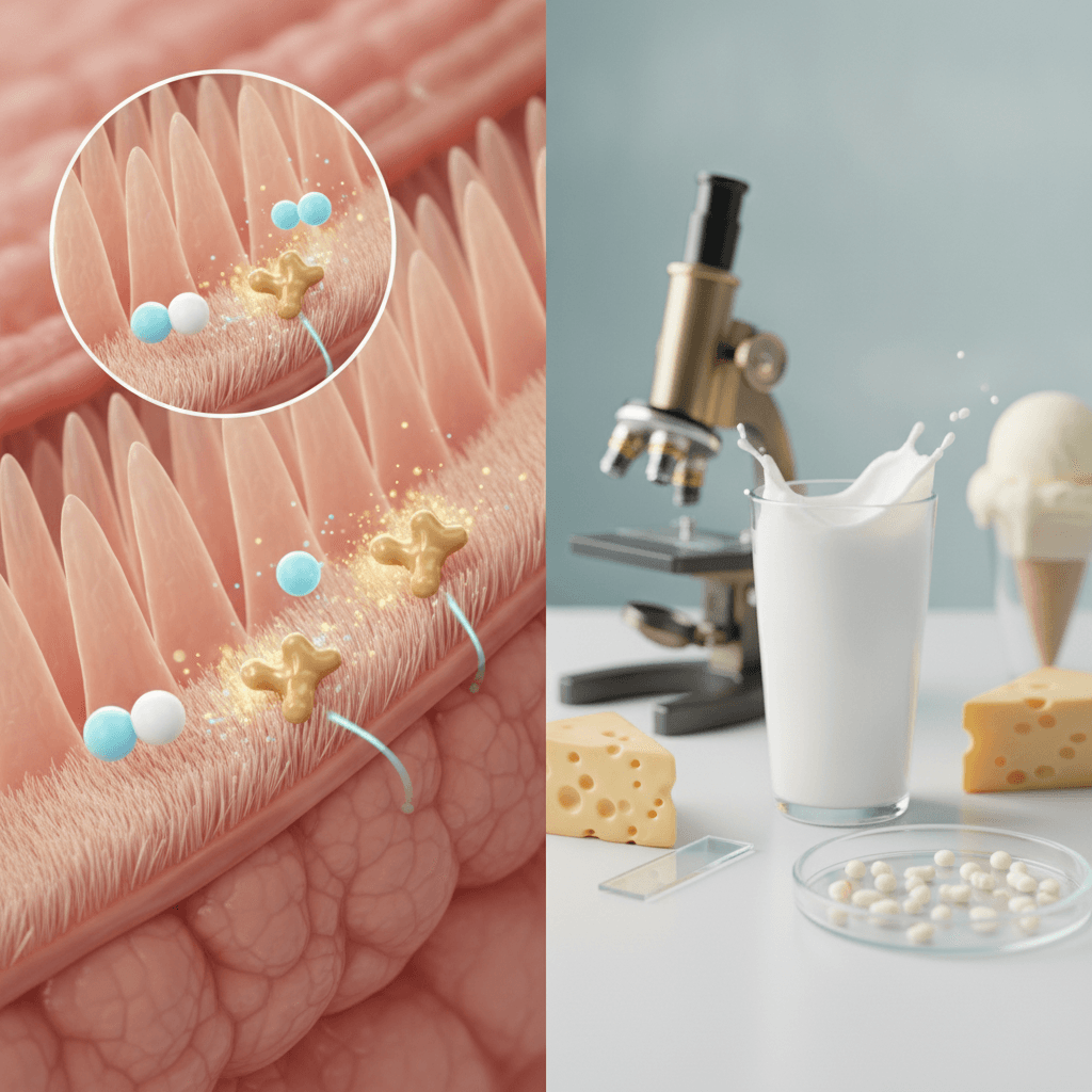 Ilustração editorial mostrando corte do intestino delgado com vilosidades e enzimas lactase quebrando moléculas de lactose, acompanhada de copo de leite, queijo, placa de Petri e microscópio.
