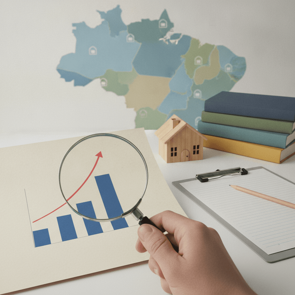 Lupa sobre gráfico ascendente com miniatura de escola e mapa do Brasil ao fundo, simbolizando análise do Ideb e Saeb.