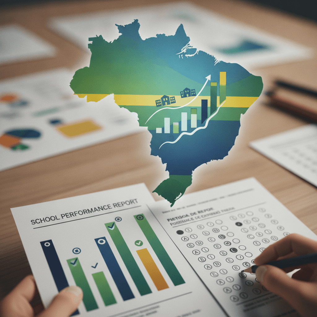 Ilustração editorial do mapa do Pará com gráfico de crescimento, relatório escolar e prova sendo preenchida por um lápis.