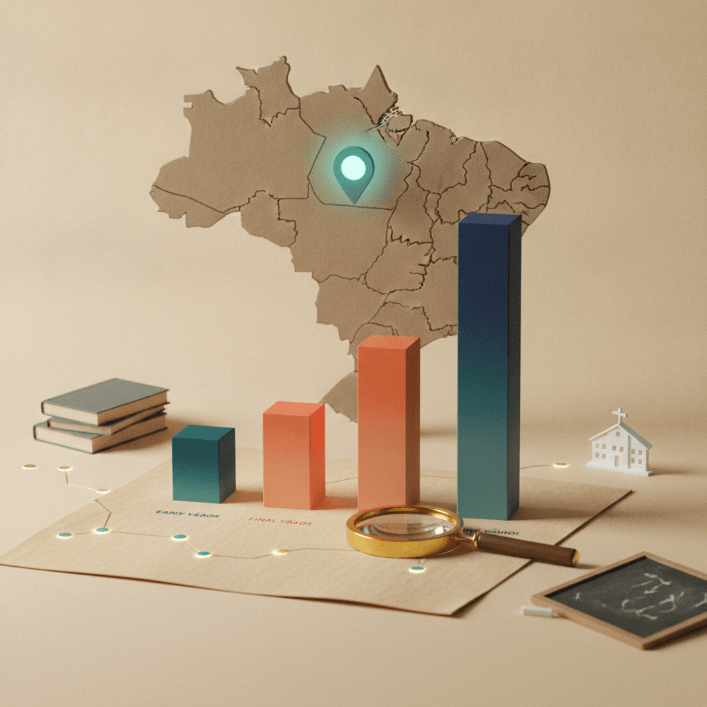 Ilustração editorial com mapa do Brasil destacando o Distrito Federal, gráficos de barras coloridos sem números, livros e ícones escolares representando anos iniciais, finais e ensino médio.