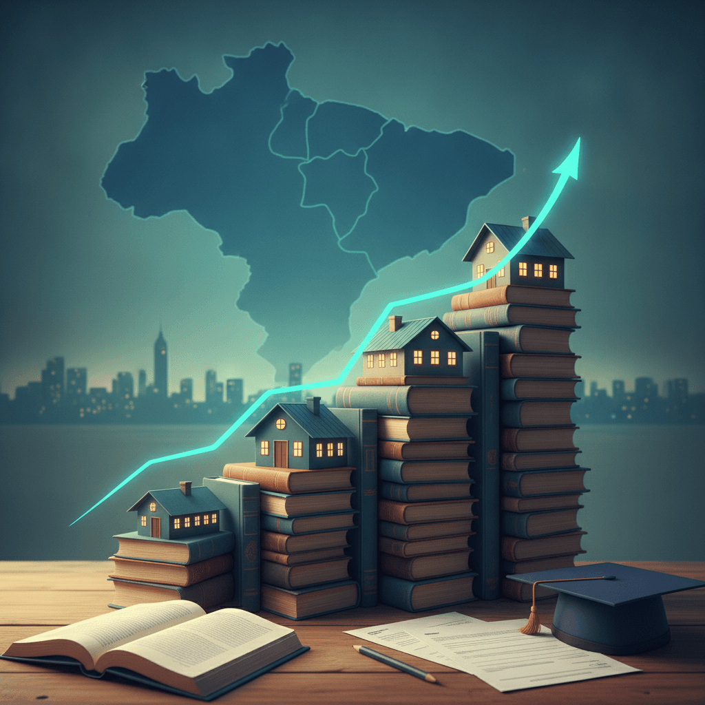 Ilustração editorial com mapa do Ceará, livros formando gráfico ascendente e material de prova, representando avanço do IDEB e impacto para quem estuda para o Enem.