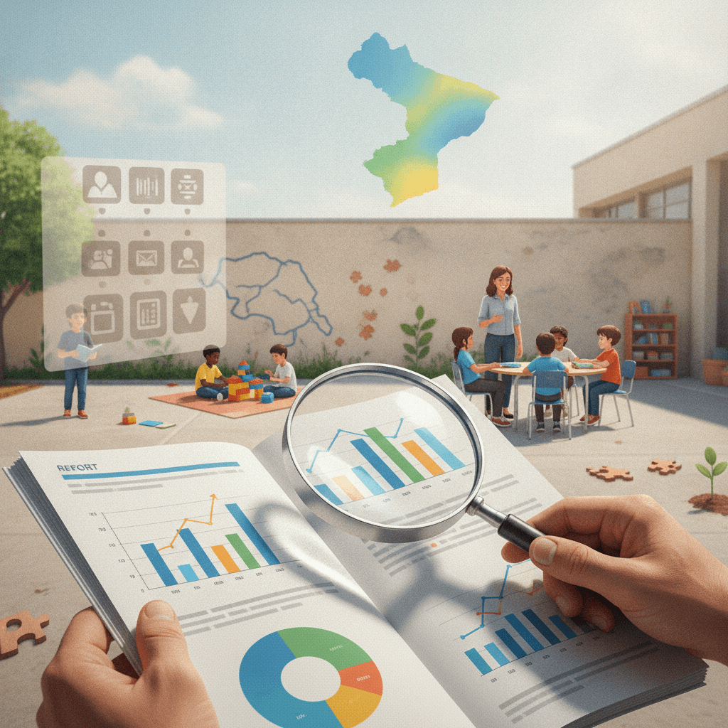 Ilustração editorial: mãos segurando relatório com gráficos abstratos, escola pública de Mato Grosso ao fundo e comunidade escolar discutindo resultados.