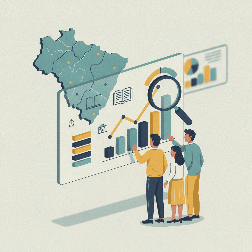 Ilustração editorial de família analisando um infográfico sem números com mapa do Espírito Santo, gráficos e lupa.