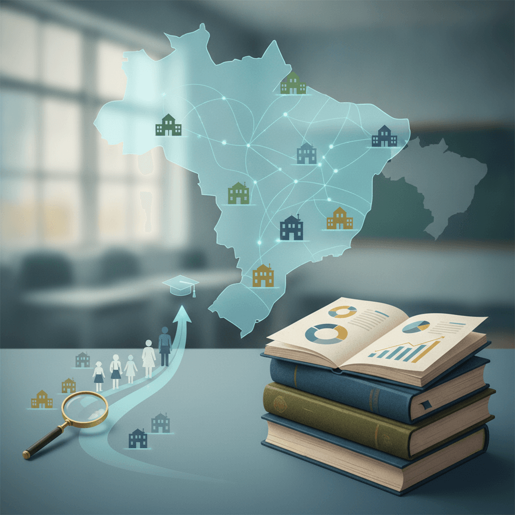 Ilustração editorial com mapa de Alagoas, escolas conectadas, relatório com barras coloridas e lupa sobre trajetória escolar.