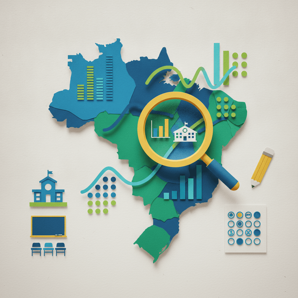 Ilustração editorial mostrando mapa de Minas Gerais com gráficos, lupa destacando dados educacionais, ícones de escola e símbolos de prova.