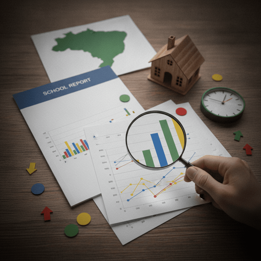 Ilustração editorial de lupa sobre gráficos escolares, miniatura de escola e relógio sem números, representando leitura rápida do Ideb e Saeb.