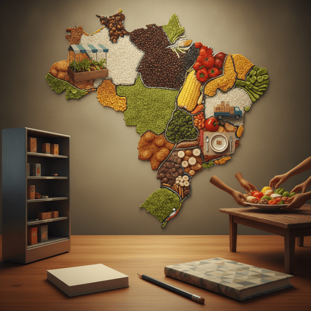 Ilustração editorial de um mapa do Brasil formado por alimentos, com prateleiras vazias, mãos servindo comida e cartões de estudo ao primeiro plano.