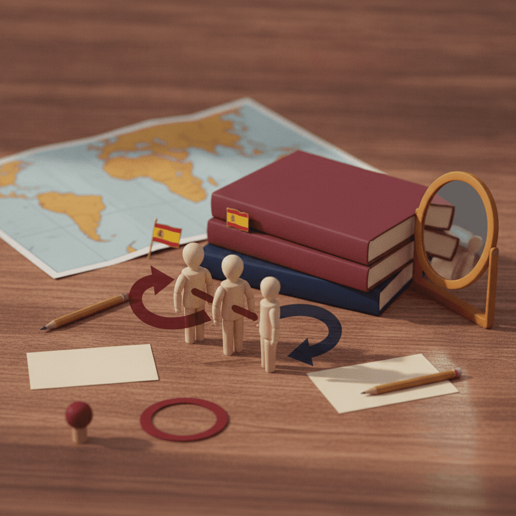 Ilustração editorial de livros e mapa da Espanha com ícones e setas mostrando voz passiva e um espelho simbolizando a passiva reflexa.