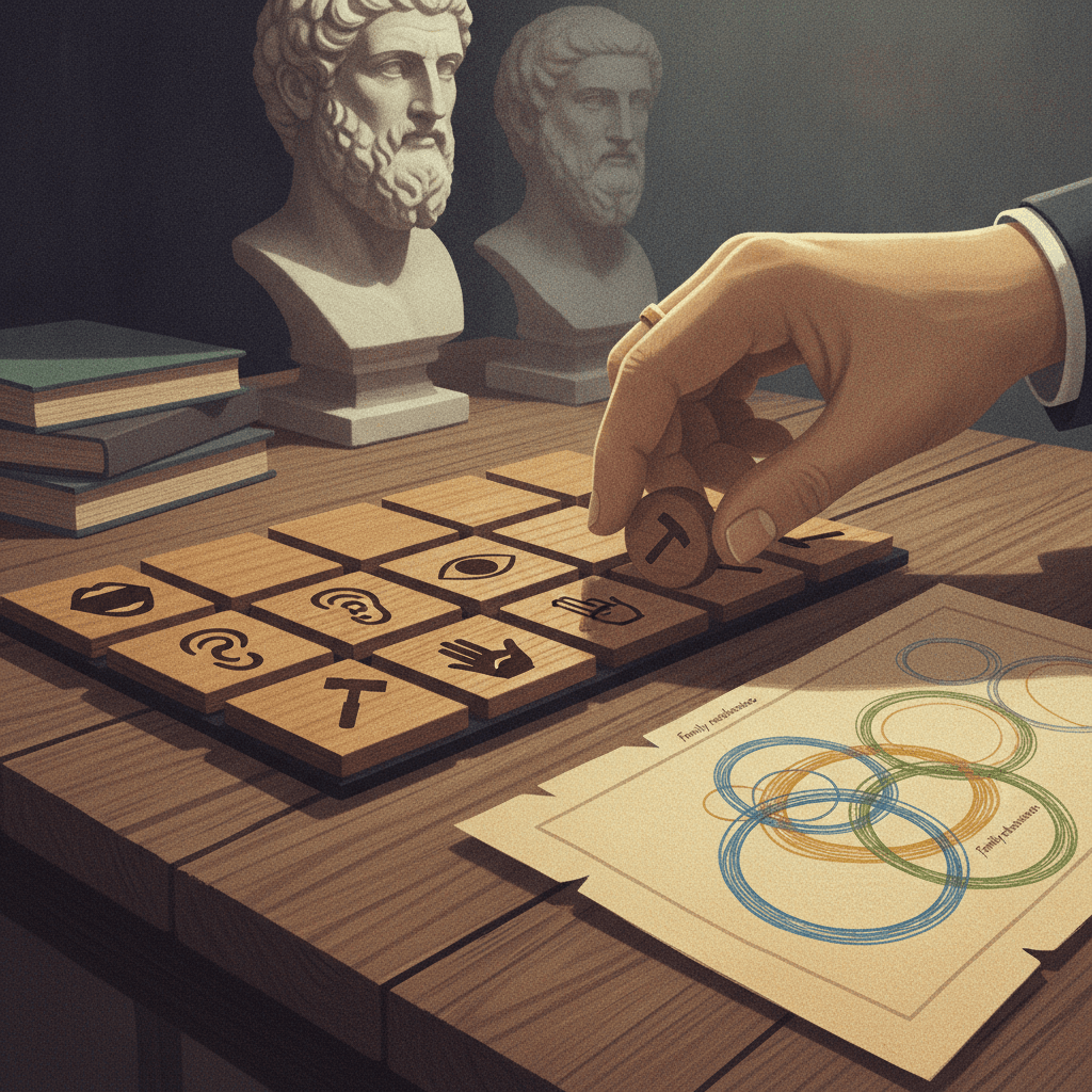 Ilustração editorial de um 'jogo de linguagem' com peças e ícones (boca, ouvido, mão), mãos movendo peças e bustos filosóficos desfocados ao fundo.
