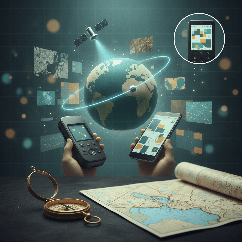 Ilustração editorial de geotecnologias: satélite, receptor GPS, camadas de imagens de sensoriamento remoto, curvas de nível e bússola.
