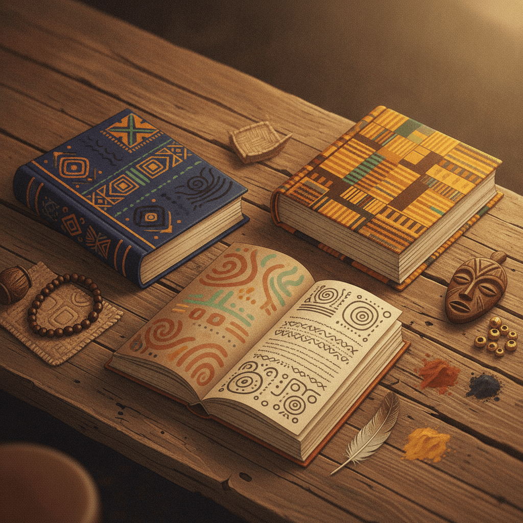 Ilustração editorial com três livros representando as literaturas afro-brasileira, indígena e africana, acompanhados por padrões e objetos simbólicos.