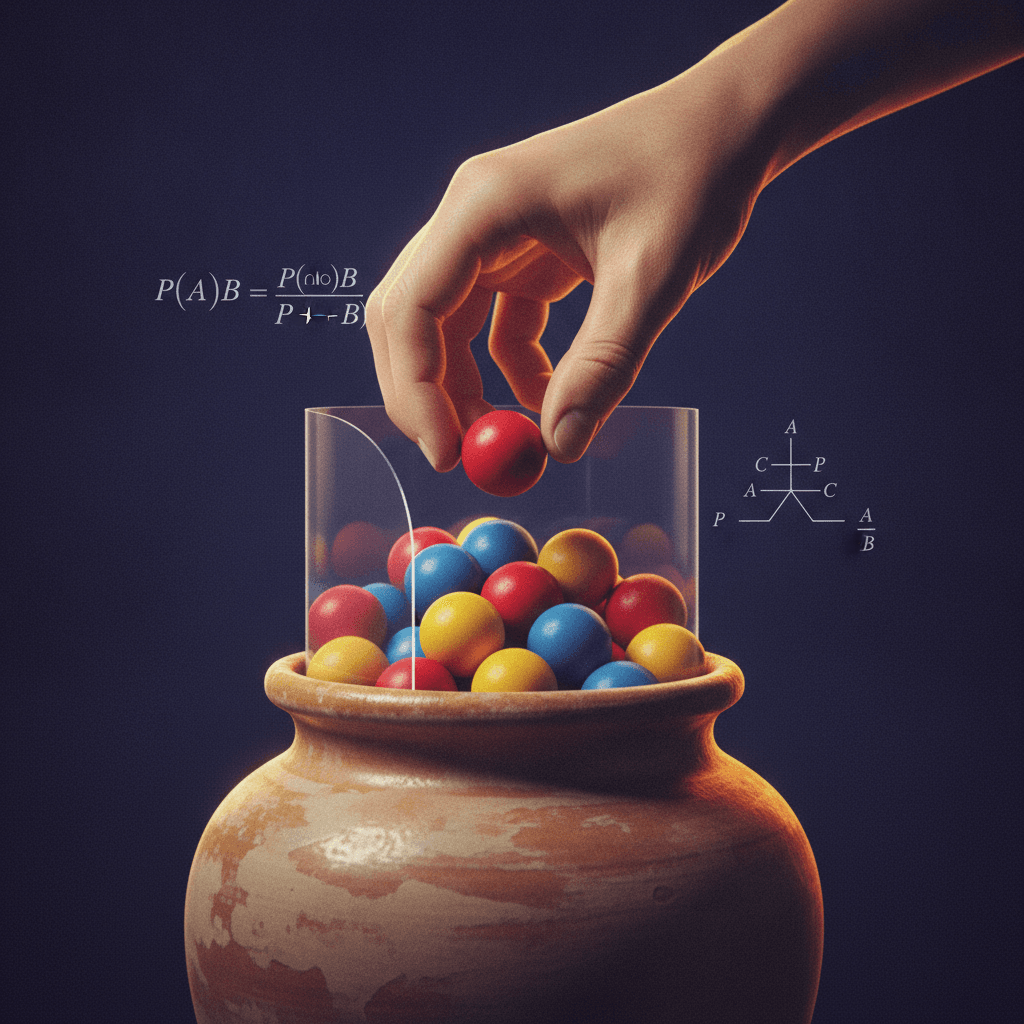 Ilustração editorial de urna com bolas coloridas e fórmulas de probabilidade condicional, mão retirando uma bola.