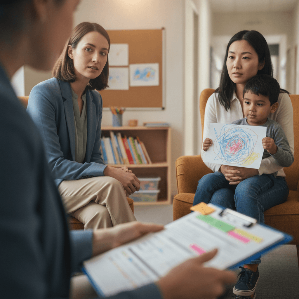 Pedagogo em conversa acolhedora com família na escola, mostrando avaliação e materiais em ambiente real.