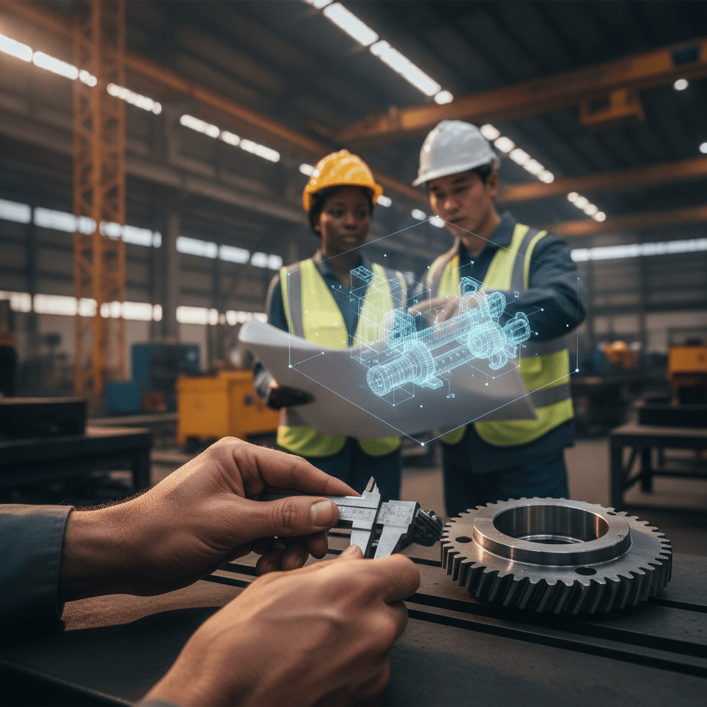 Engenheiros em canteiro analisando peça mecânica com paquímetro e projeto, close-up nas mãos.