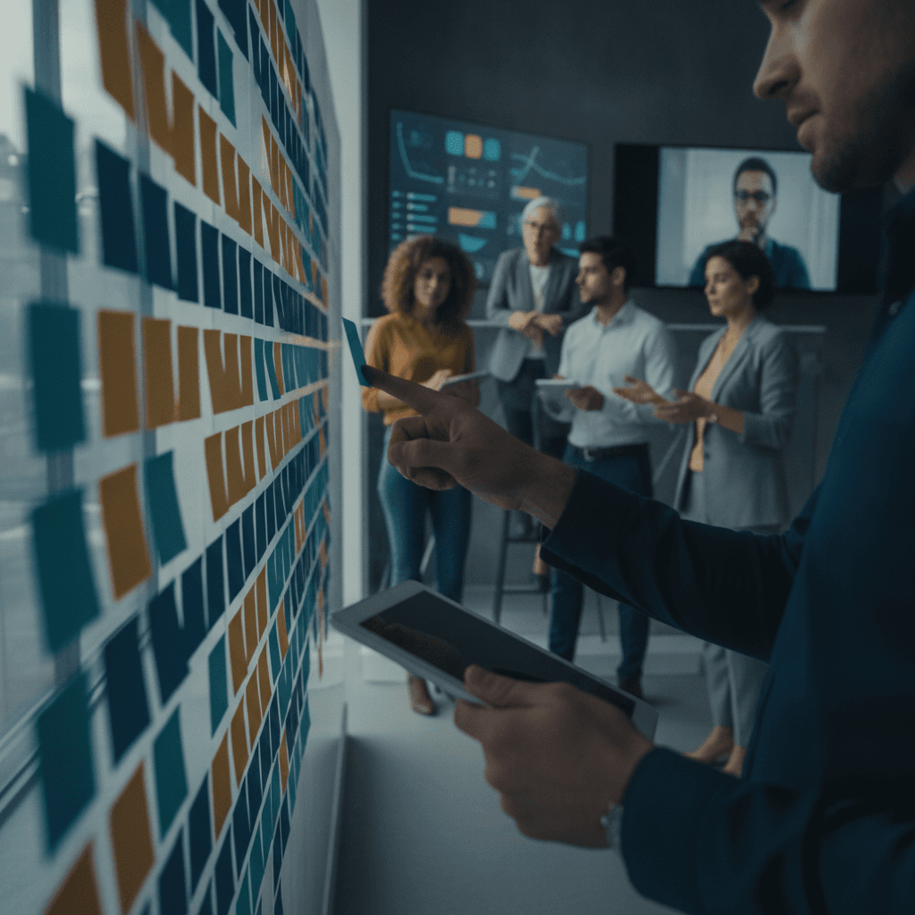 Gestor apontando para quadro kanban enquanto equipe, chefia e parceiro em videoconferência colaboram para alinhar decisões.