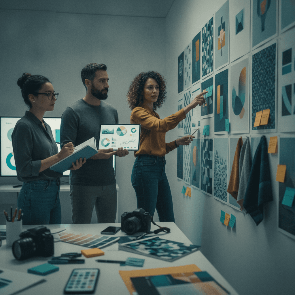 Equipe de marketing em estúdio criativo, pessoas em pé analisando moodboards, mockups e tablet com gráficos abstratos, iluminação cinematográfica.