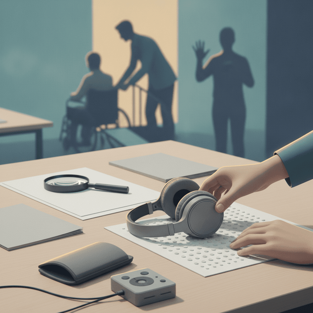 Ilustração editorial de acessibilidade em prova: mãos com fones, folha tátil, livro de prova sem texto, lupa e intérprete ao fundo.