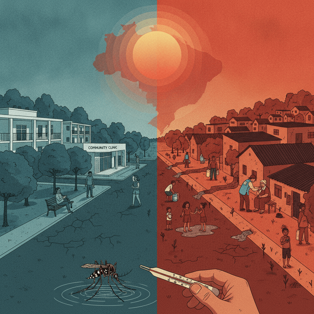 Ilustração editorial: cena dividida entre bairro arborizado e clínica à esquerda e favela quente com água parada e mosquitos à direita, com mapa do Brasil em degradê de calor ao fundo.