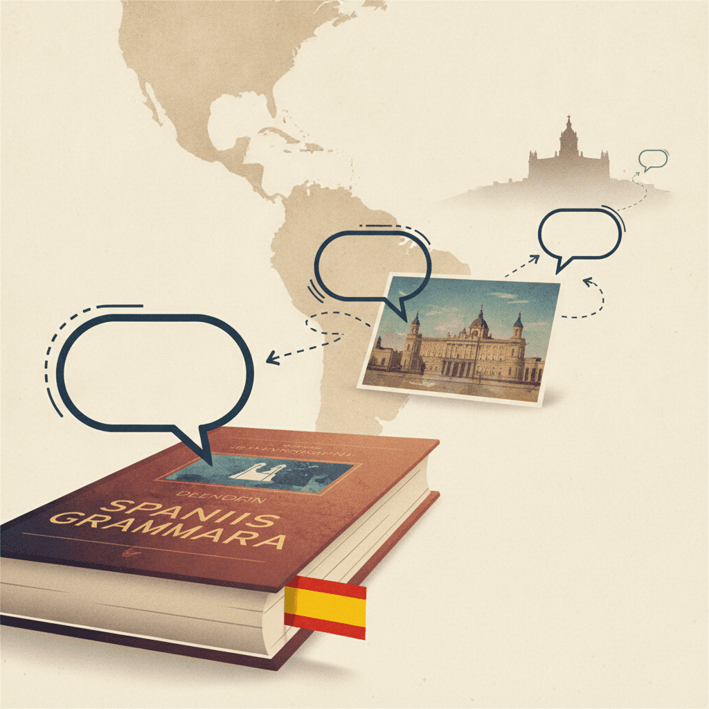 Ilustração editorial com três objetos em diferentes distâncias (livro em primeiro plano, postal ao meio, monumento ao fundo) representando pronomes demonstrativos em espanhol.