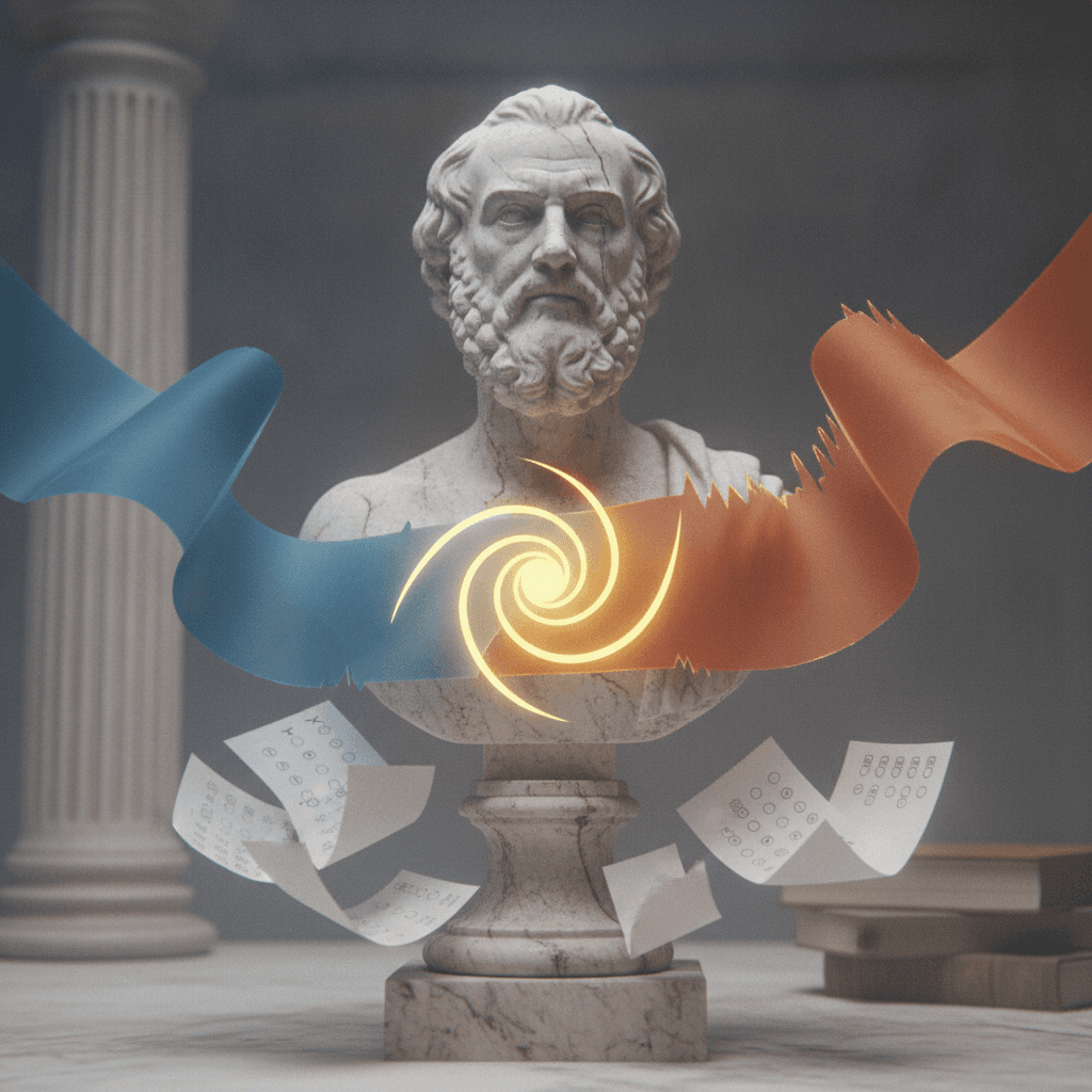 Busto filosófico com fitas de papel em movimento representando tese, antítese e síntese sobre folhas de prova.