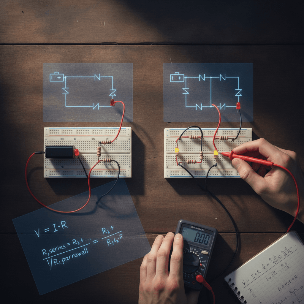 Bancada com dois circuitos (série e paralelo) em breadboards, multímetro, mãos ajustando probe e fórmulas de Ohm.