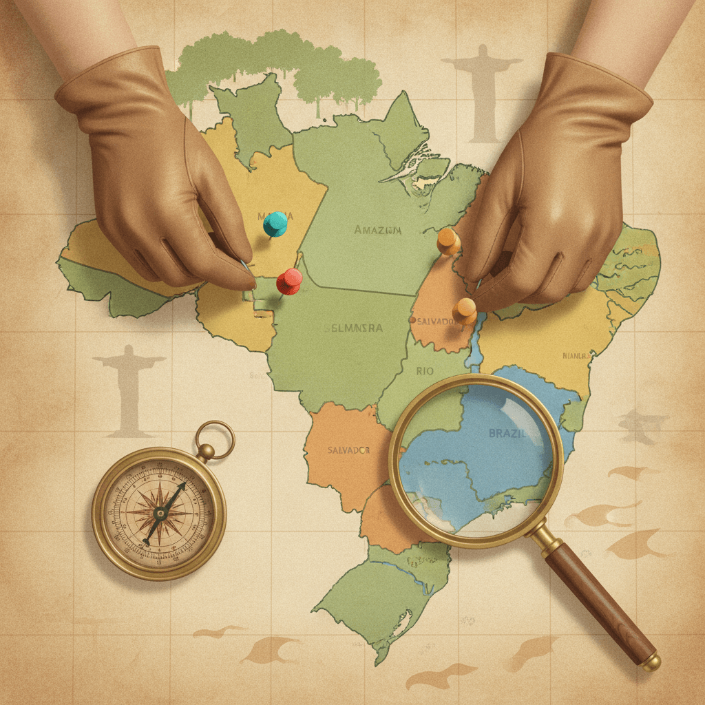 Ilustração editorial de mapa do Brasil com bússola, lupa e alfinetes marcando estados e capitais, mãos indicando regiões.