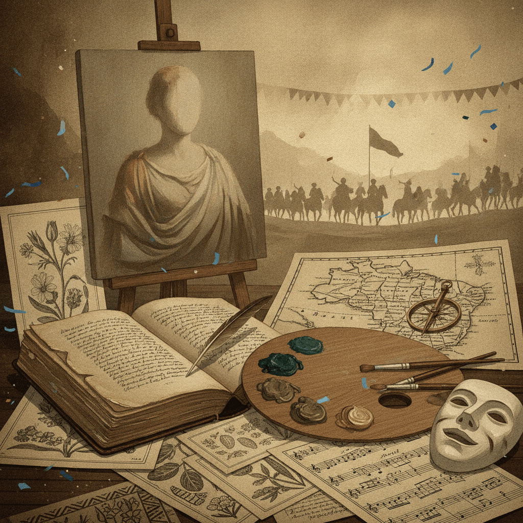 Ilustração editorial mostrando livro antigo com pena, paleta de pintor, mapa do Brasil, partituras e silhuetas de festa cívica do século XIX.