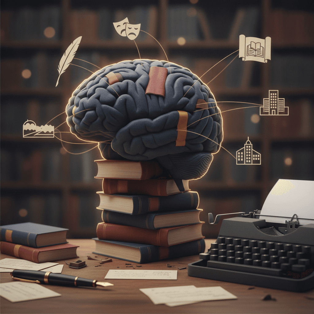 Ilustração editorial de livros clássicos formando um cérebro, com ícones temáticos ligados por fios dourados e materiais de estudo (caneta, fichas) — repertório literário sem decorar.