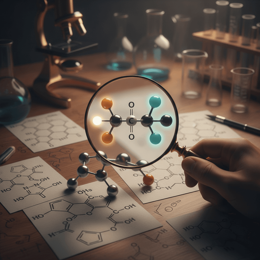 Ilustração editorial com modelos moleculares e fórmulas estruturais destacando a diferença entre aldeídos (carbonila terminal com hidrogênio) e cetonas (carbonila ligada a dois carbonos).