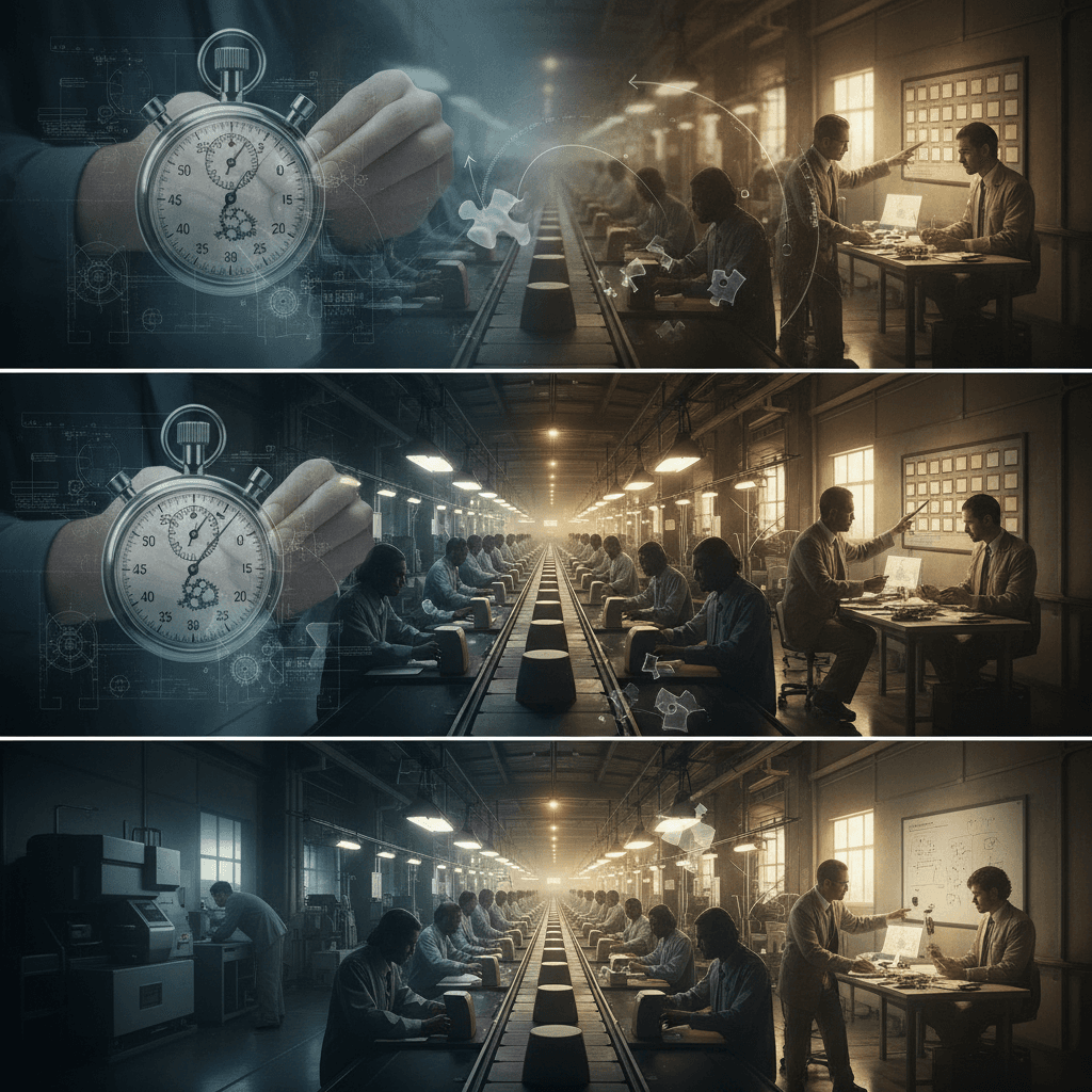 Ilustração editorial tripartida representando taylorismo (cronômetro e engrenagens), fordismo (linha de montagem) e toyotismo (equipe com quadro kanban), iluminação cinematográfica.