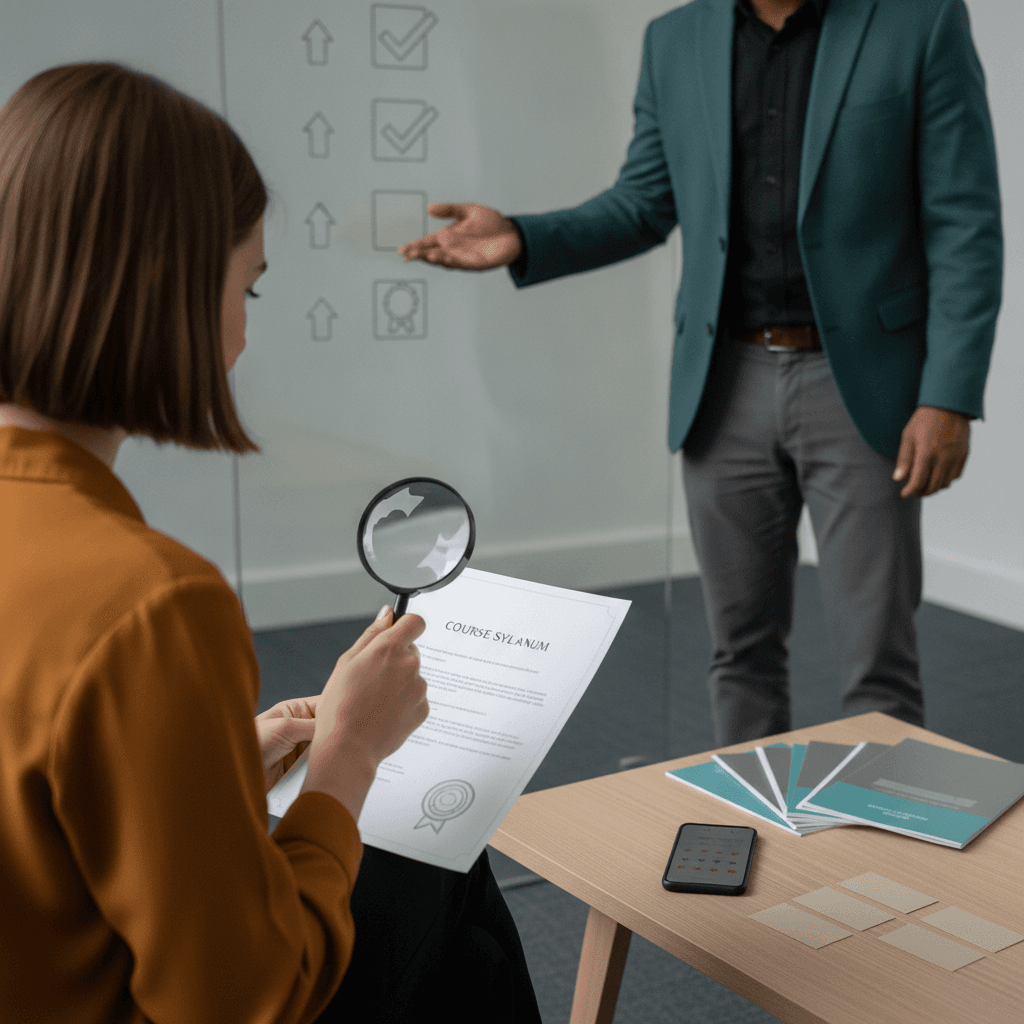 Consultor e pessoa avaliando um curso livre: lupa sobre certificado sem texto e materiais impressos.