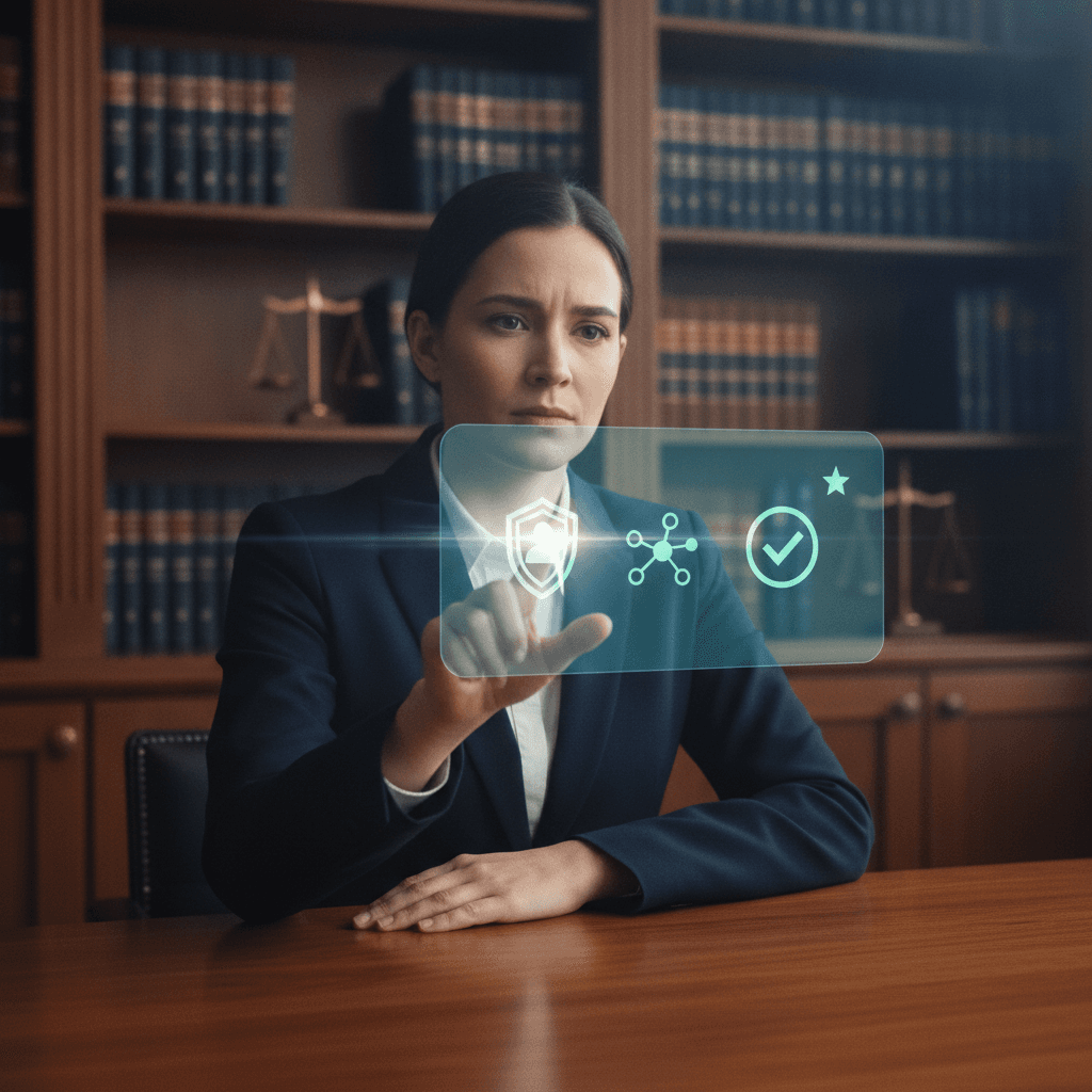 Advogado em escritório interagindo com interface digital translúcida com ícones de autoridade e uma balança da justiça ao fundo.