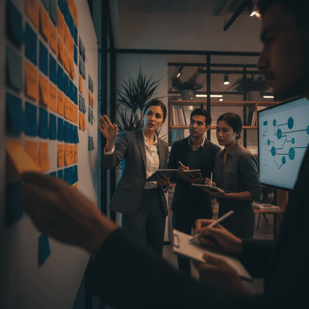 Gestor em pé apresentando a equipe diante de um quadro Kanban e uma tela com dashboard, equipe engajada e ativa.