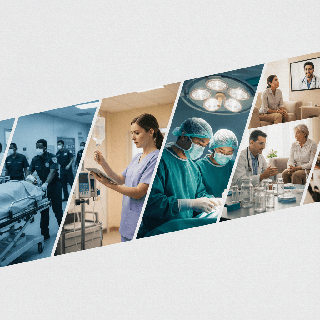Panorama editorial de diferentes ambientes de trabalho em Saúde (emergência, enfermaria, centro cirúrgico, laboratório, atendimento domiciliar e telemedicina) com profissionais em ação.
