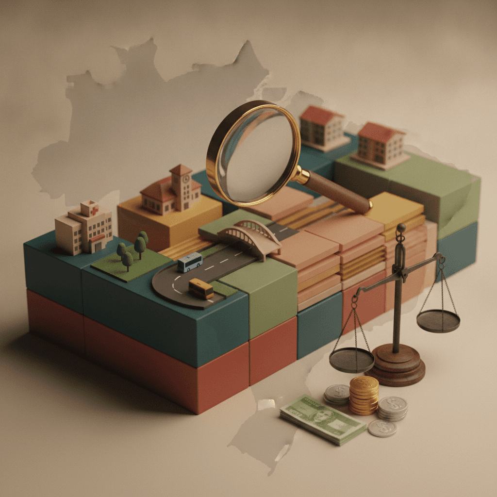 Ilustração editorial de um orçamento público em blocos com lupa, miniaturas de hospital, escola, estrada e moradia sobre um mapa do Brasil.