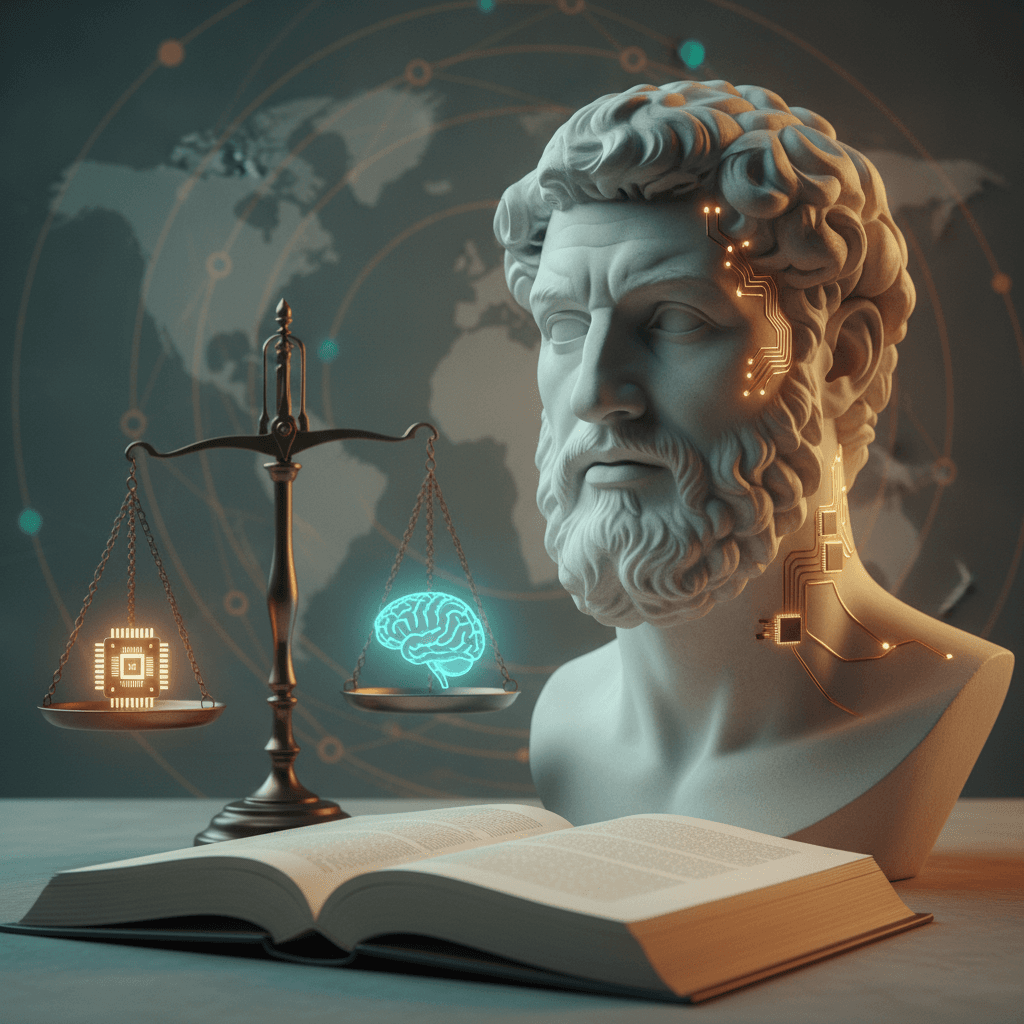 Busto filosófico com circuitos, balança e livro em ilustração editorial simbolizando ética da tecnologia.