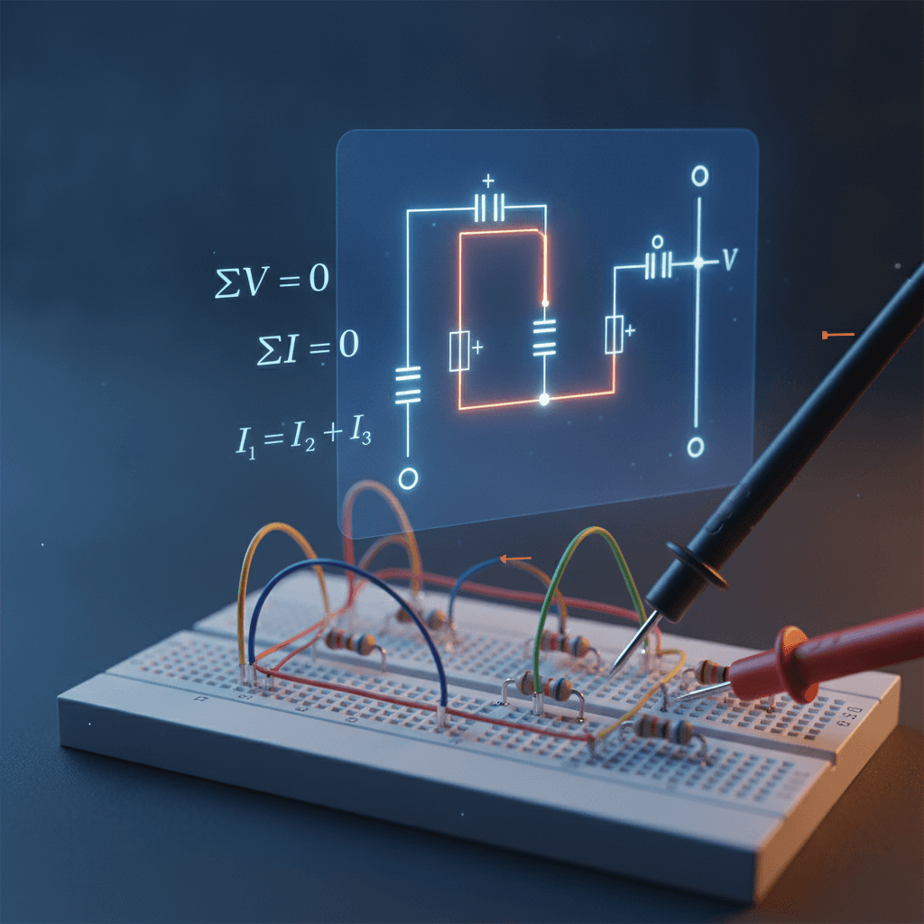 Close-up editorial de circuito em protoboard com ramos paralelos, malha destacada e fórmulas de Kirchhoff visíveis.