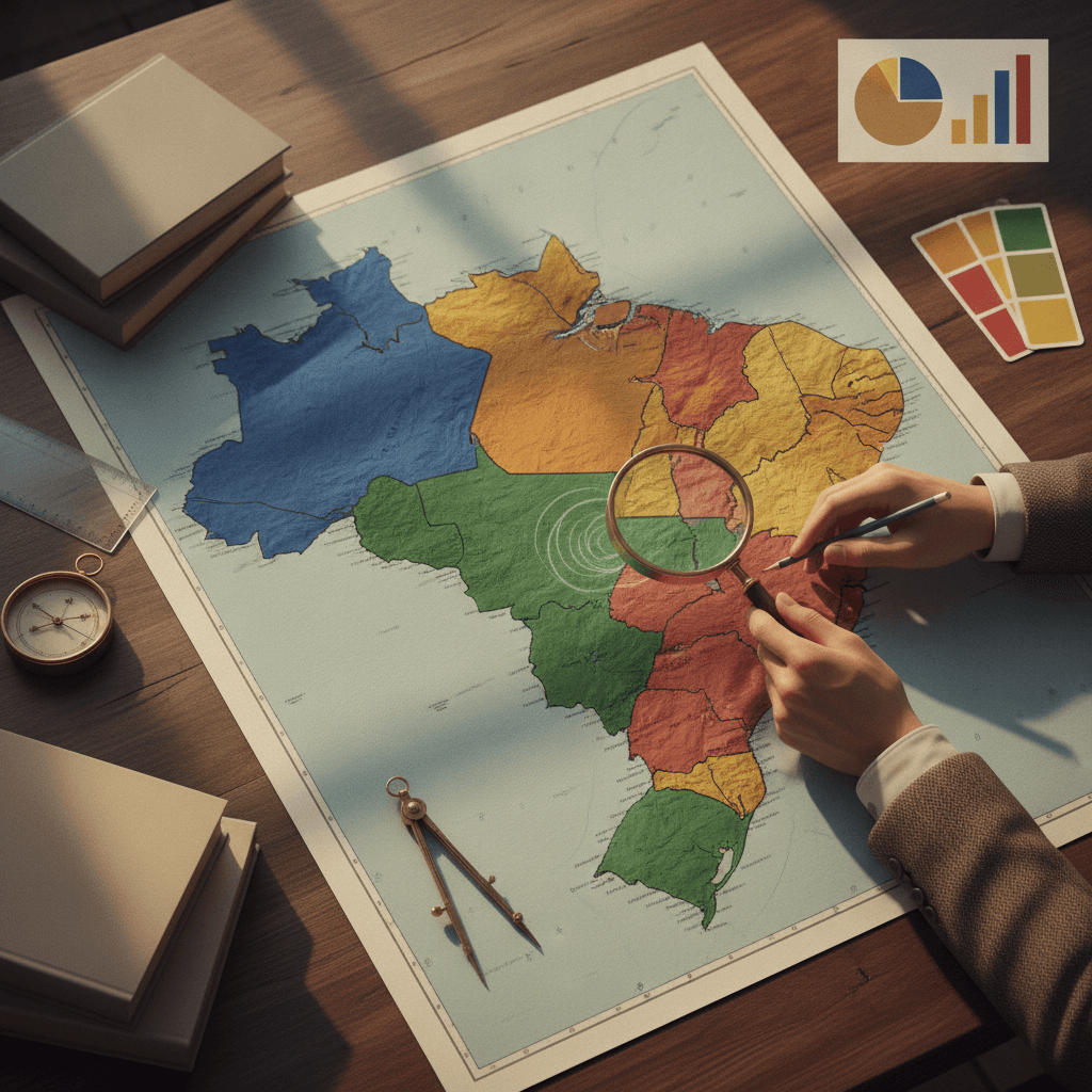 Ilustração editorial de mapa do Brasil com regiões do IBGE coloridas, lupa, bússola e mãos analisando o mapa.