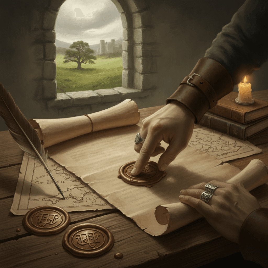 Ilustração editorial da Magna Carta: pergaminho antigo com selos de cera, penas e mãos medievais, com carcaça de castelo e carvalho ao fundo.
