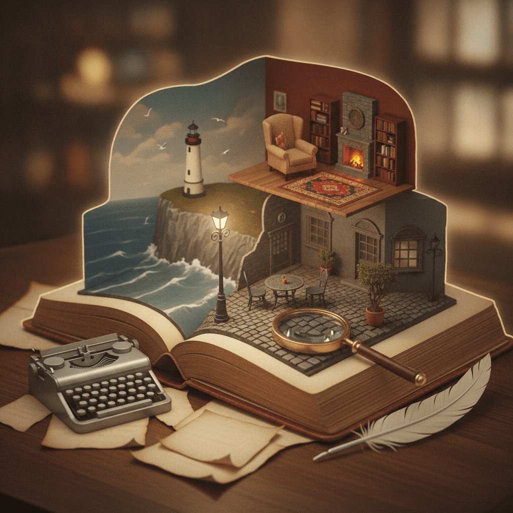 Livro aberto se transformando em diorama com cenários literários (rua de paralelepípedo, litoral com farol, interior com poltrona), acompanhado de máquina de escrever, pena e lupa, em iluminação cinematográfica.