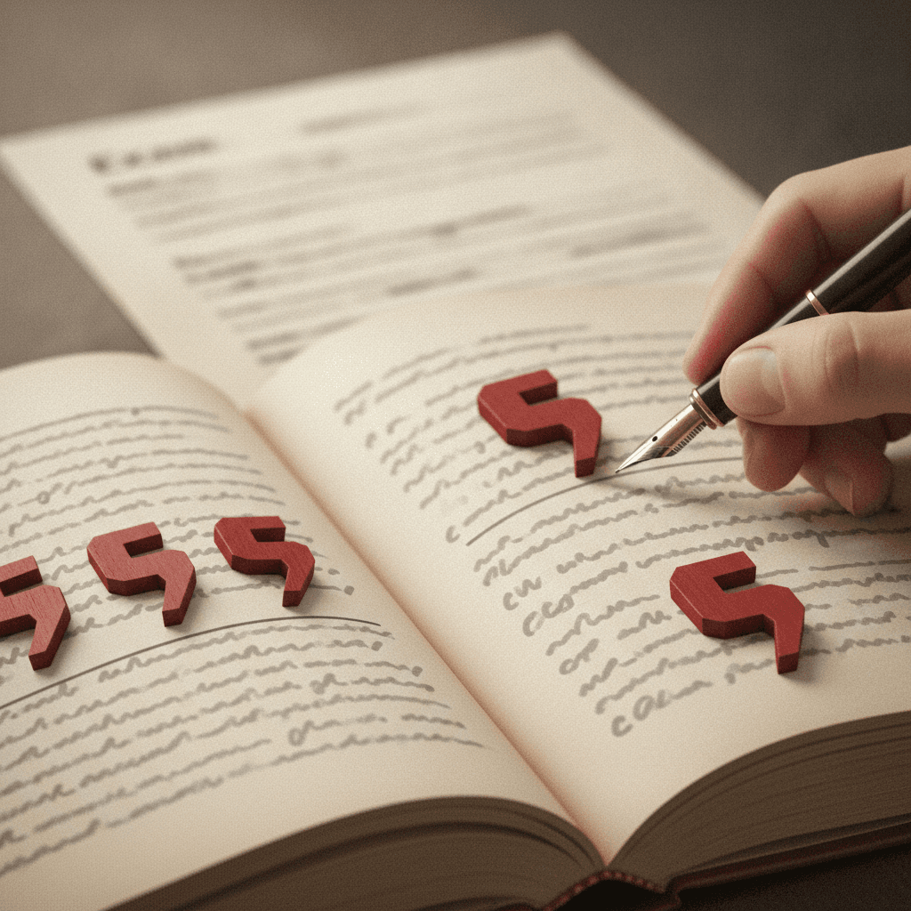 Ilustração editorial de livro aberto com vírgulas destacadas em tokens vermelhos e caneta indicando mudança de pontuação.