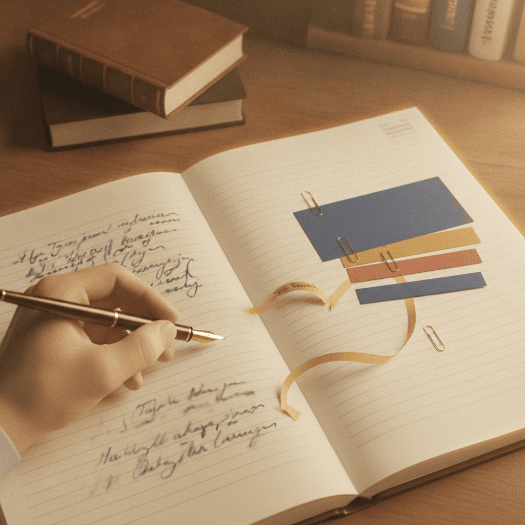 Mão com caneta sobre caderno aberto e cartões coloridos organizados para representar a construção do parágrafo de desenvolvimento.