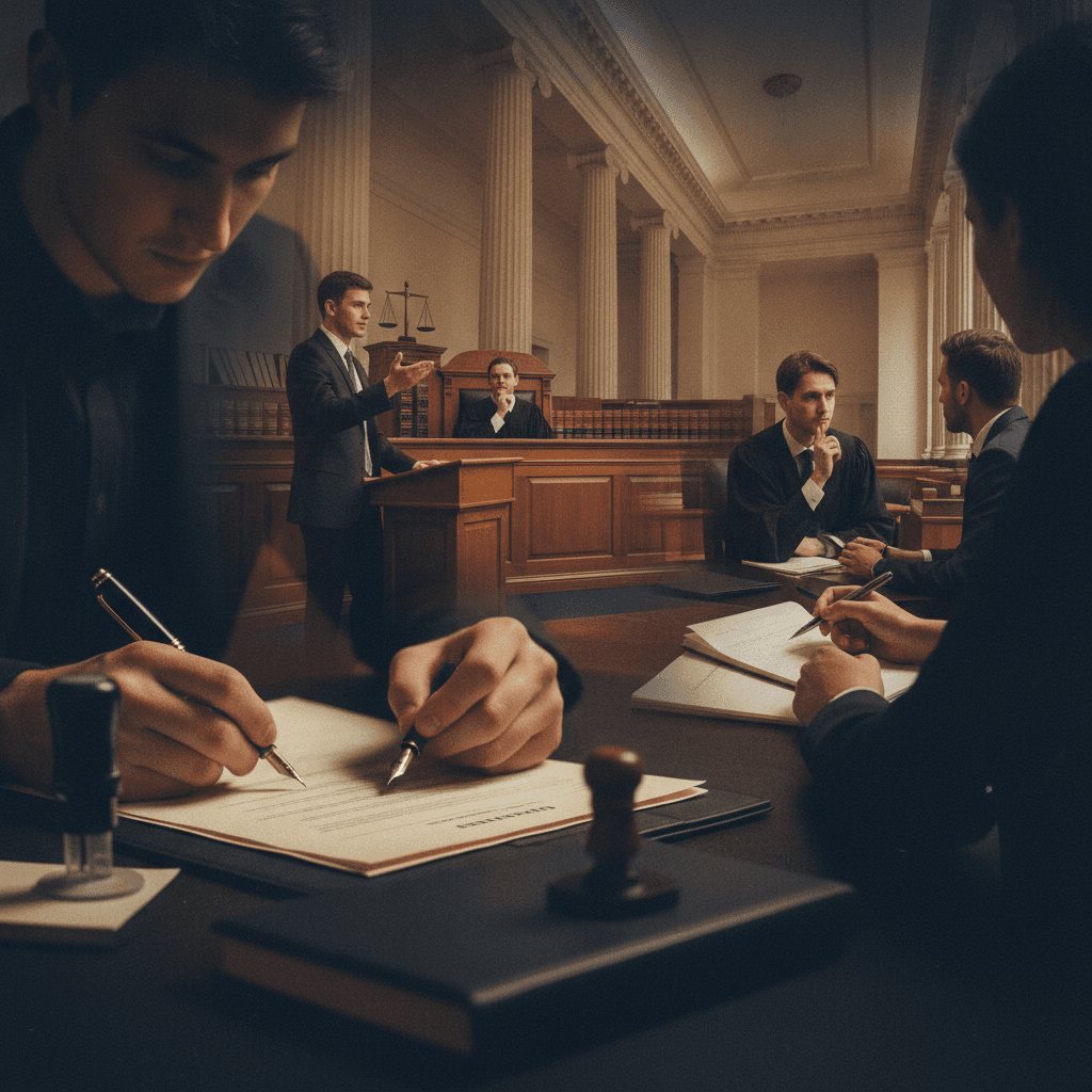 Montagem fotográfica de estudantes de Direito em prática: mãos assinando contrato, audiência simulada, atendimento em clínica jurídica e livros jurídicos.