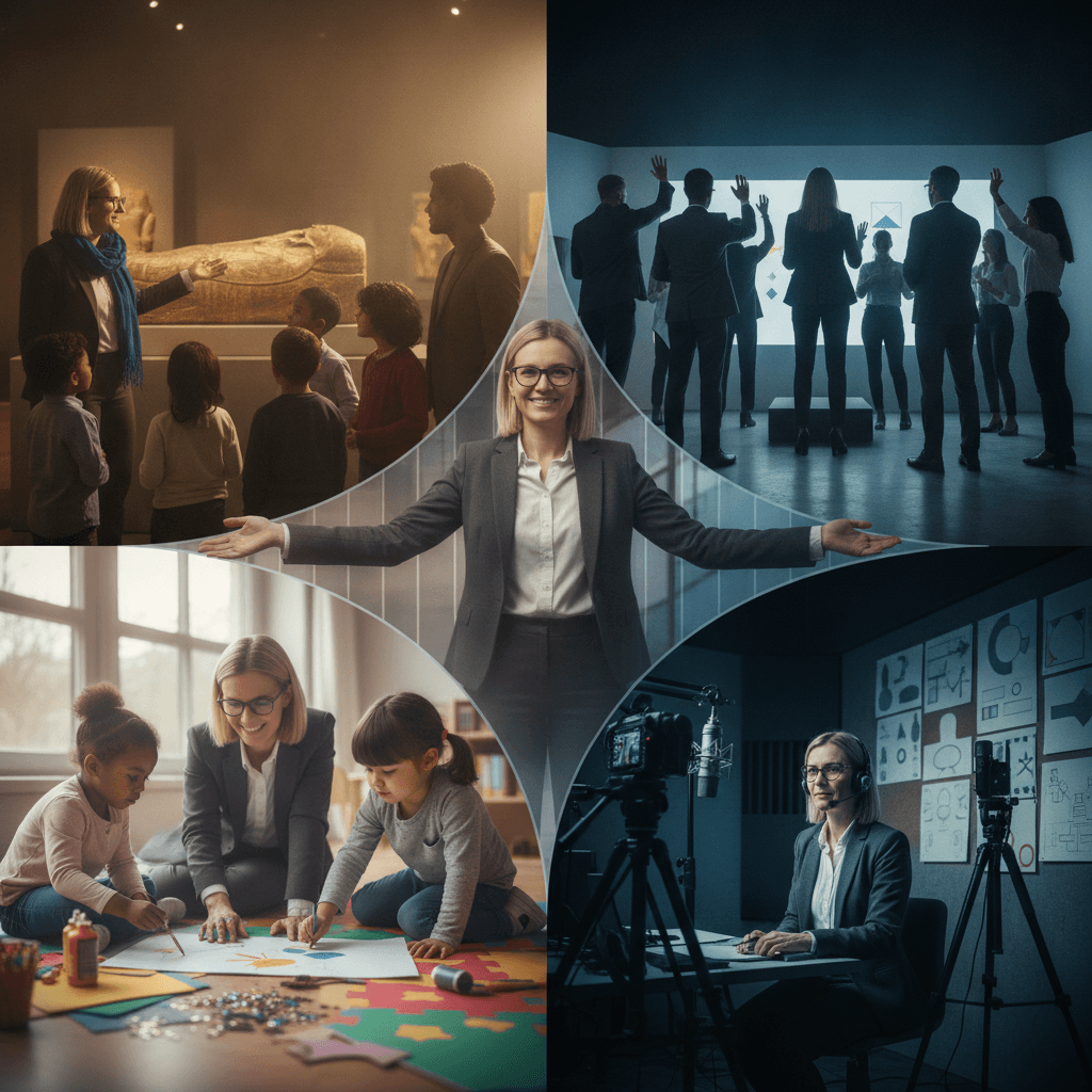 Fotografia editorial mostrando uma pedagoga conectando carreiras: museu, treinamento corporativo, educação infantil e criação de conteúdo educativo.